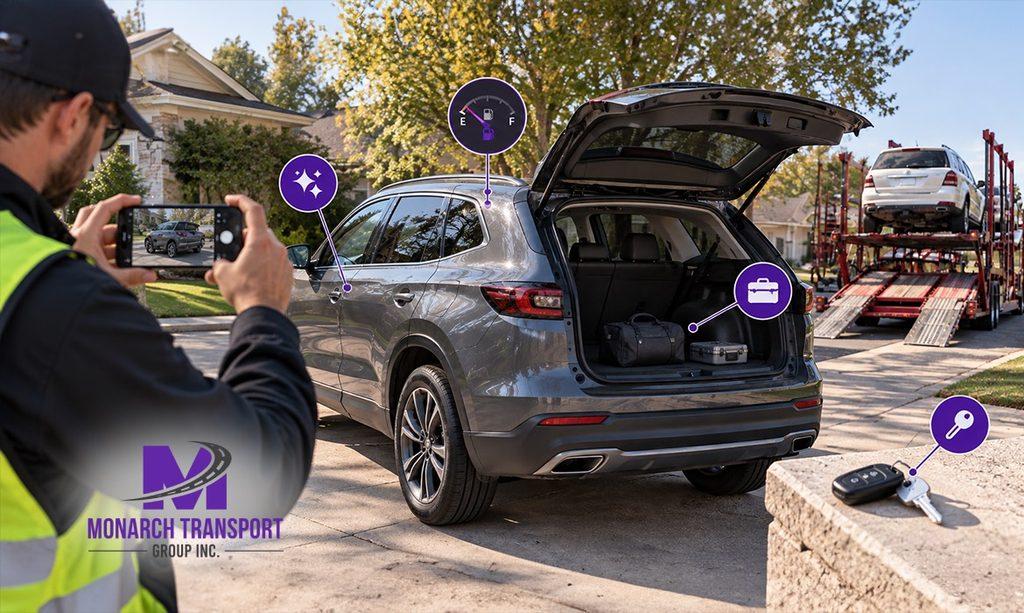 Monarch - Car Shipping Near Me- How Local Pickup Works With Nationwide Carriers 8 Car shipping preparation showing a clean vehicle, smartphone condition photos, keys, a mostly empty trunk, and a fuel gauge at approximately one-quarter tank.
