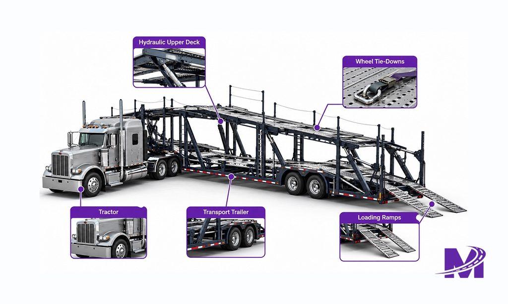 Monarch - How Car Carrier Trucks Work- Single-Car vs Multi-Car Transport Explained 2 Technical infographic showing the main parts of an empty car carrier truck, including the tractor, transport trailer, loading ramps, hydraulic upper deck, and wheel tie-down equipment.