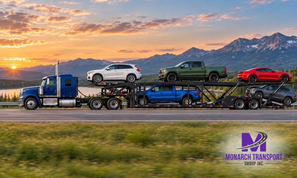 Monarch - How Car Carrier Trucks Work- Single-Car vs Multi-Car Transport Explained 5 Side view of an open multi-car carrier truck loaded with sedans and SUVs on upper and lower decks, showing the raised upper platform, realistic spacing, and wheel straps securing the vehicles.
