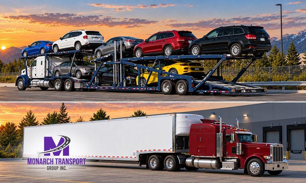 Monarch - How Car Carrier Trucks Work- Single-Car vs Multi-Car Transport Explained 6 Split-screen comparison of an open car carrier with exposed metal decks and visible vehicles on the left, and an enclosed auto transport trailer with a roof, solid sidewalls, and an open rear loading ramp on the right.