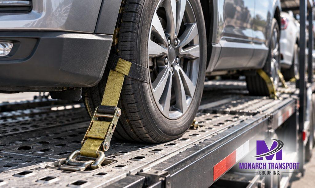 Monarch - How Car Carrier Trucks Work- Single-Car vs Multi-Car Transport Explained 8 Close-up of a car wheel secured to a metal car carrier trailer deck with a properly fitted wheel strap anchored to a tie-down point.