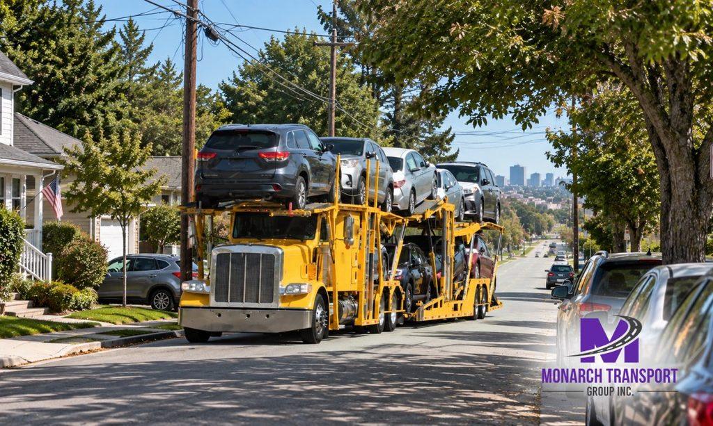 Monarch - How Car Carrier Trucks Work- Single-Car vs Multi-Car Transport Explained 9 Large open car carrier truck approaching a narrow American residential street with parked cars, overhanging trees, and overhead utility wires, with a wider nearby parking area suitable for vehicle pickup and delivery.