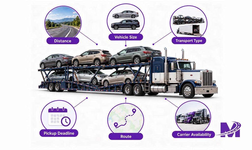 Infographic showing a car on a carrier with distance, vehicle size, transport type, pickup deadline, route, and carrier availability as factors affecting expedited car shipping cost.