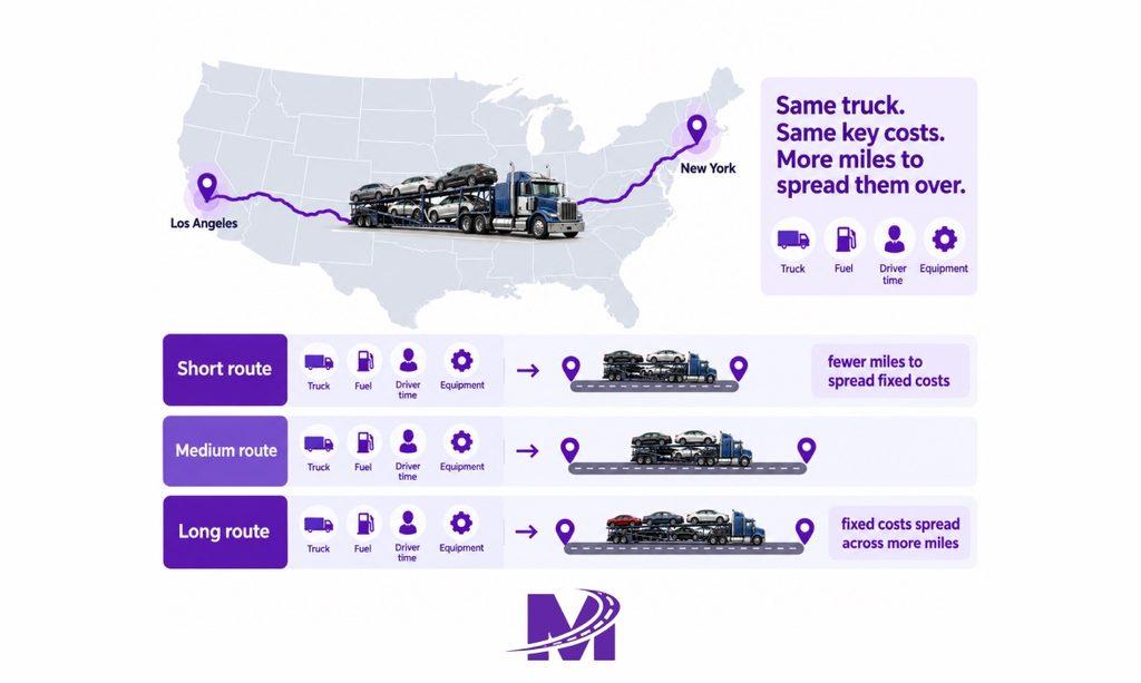 Visual diagram showing how fixed transport costs are spread across more miles on longer car shipping routes, with a carrier traveling between US cities.