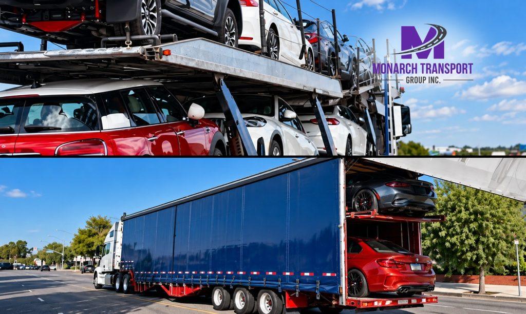 Split-screen comparison of open and enclosed car transport, showing vehicles exposed on an open carrier and secured inside an enclosed trailer.