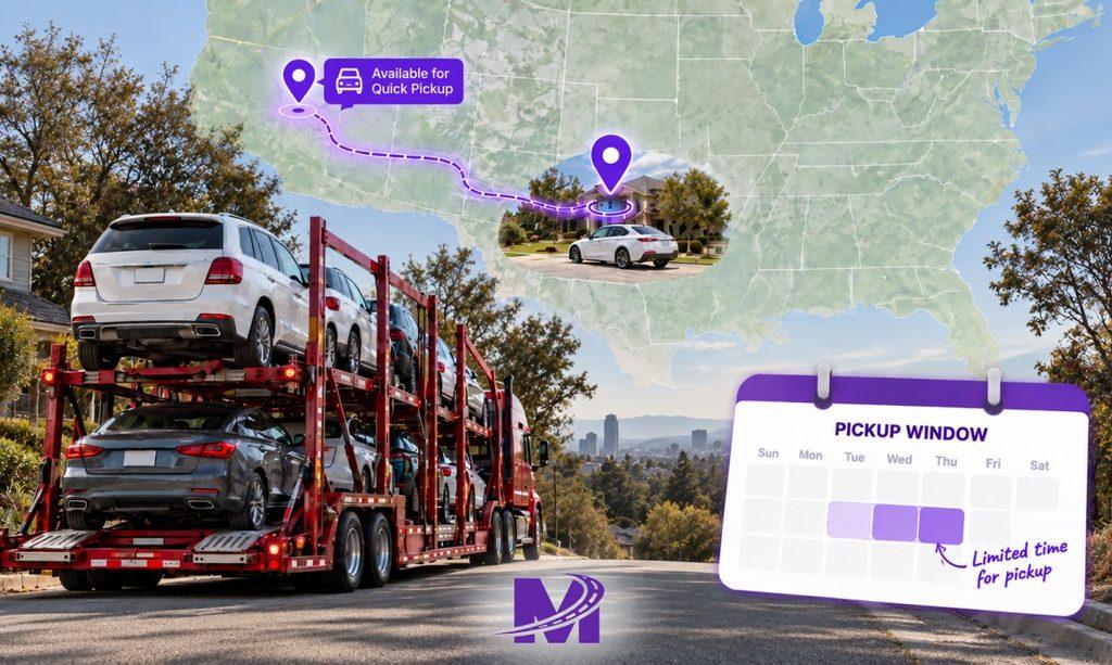 Pickup deadline and carrier availability map showing a vehicle ready for loading, multiple carriers at different distances, one nearby available carrier highlighted, and a short pickup window calendar.