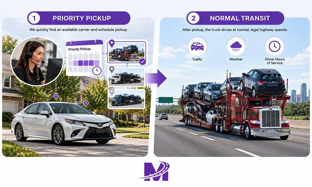 Split-screen visual showing expedited car shipping: before loading, a car waits while a dispatcher arranges priority pickup; after loading, the carrier travels at a normal pace with traffic, weather, and driver-hours factors illustrated.