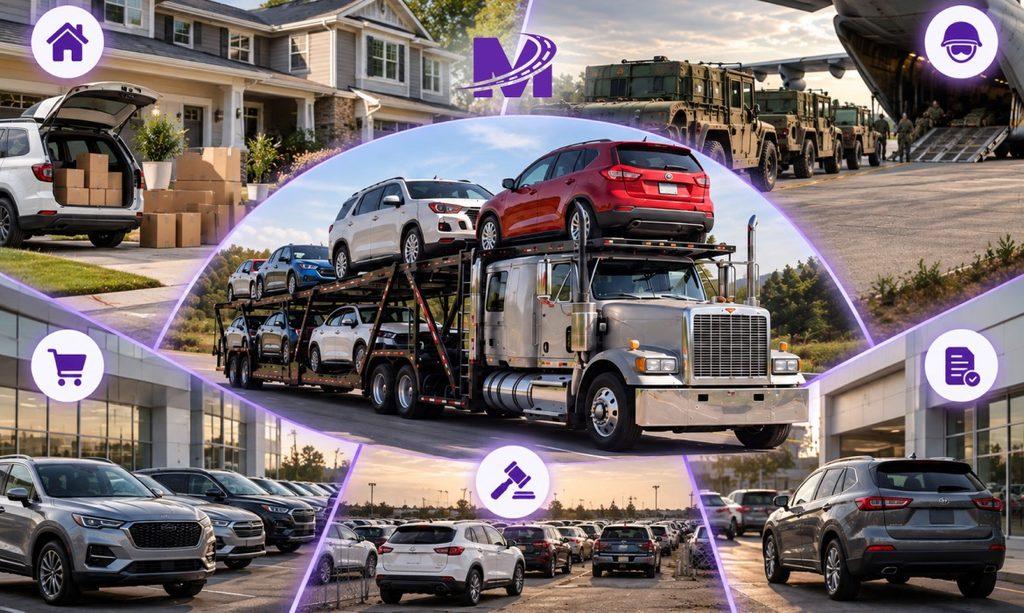 Realistic composite showing a car at the center surrounded by moving to a new home, military PCS relocation, out-of-state vehicle purchase, dealership or auction pickup, and lease return scenes, with simple icons and no close-up people.