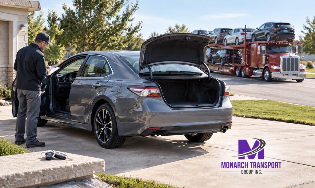 Car prepared for expedited pickup in a residential parking area, with keys, nearly empty interior and trunk, low fuel level, accessible parking position, and a technician checking the vehicle’s condition.